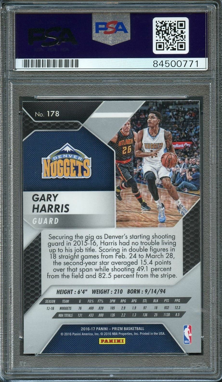 2016-17 Panini Prizm #178 Gary Harris Signed AUTO 10 PSA Slabbed Nuggets
