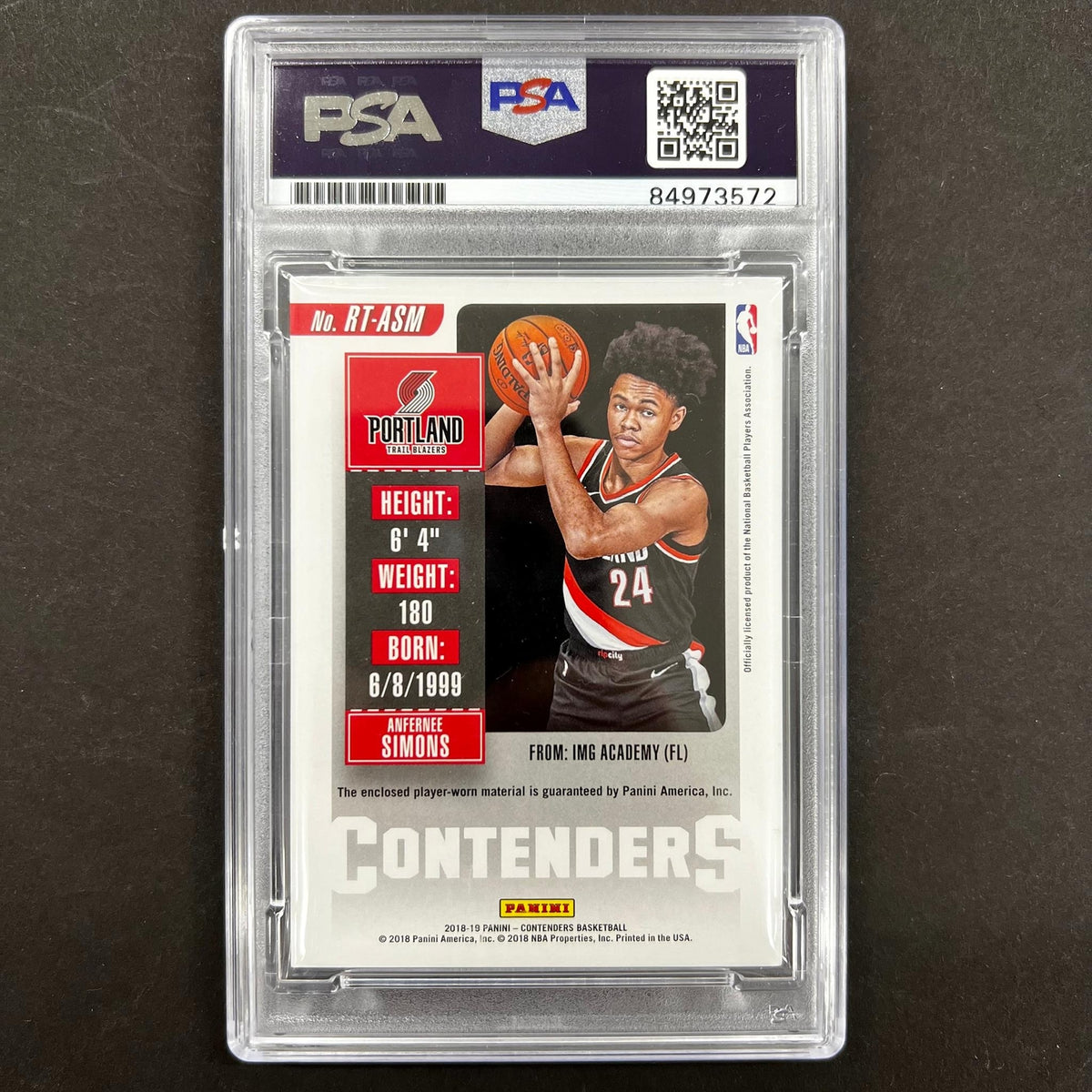 2018-19 Panini Contenders #RT-ASM ANFERNEE SIMONS Signed Rookie Card AUTO PSA Sl