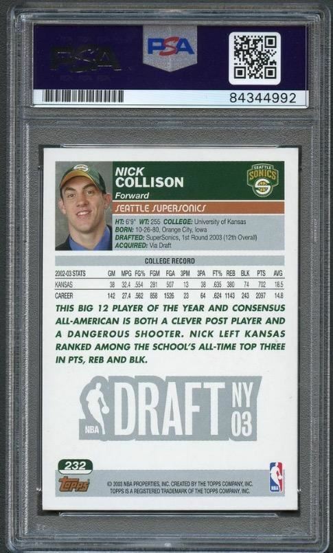 2003-04 Topps #232 Nick Collison Signed Card AUTO PSA Slabbed RC Sonics