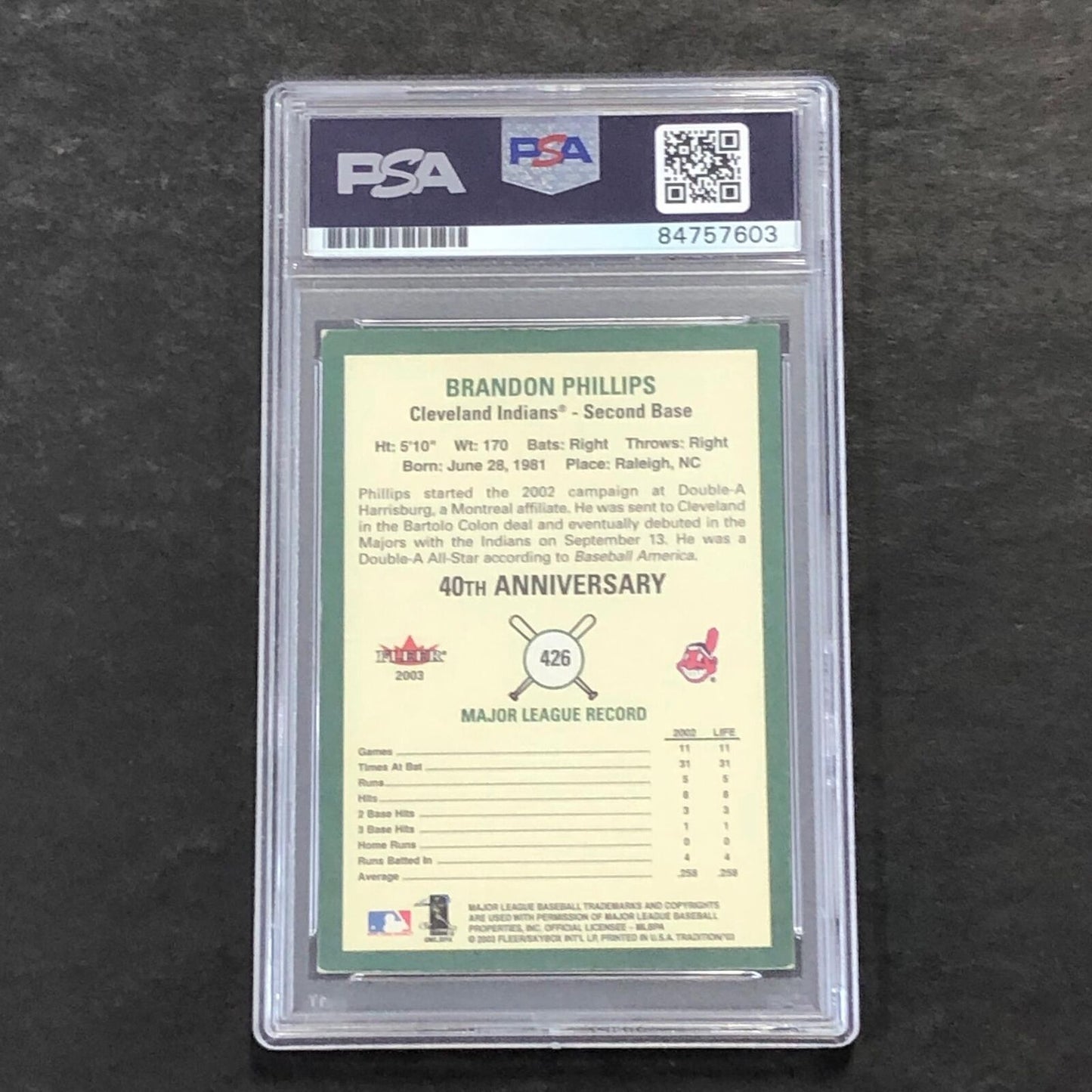 2003 Fleer Tradition #426 Brandon Phillips Signed Card PSA Slabbed Auto Clevelan
