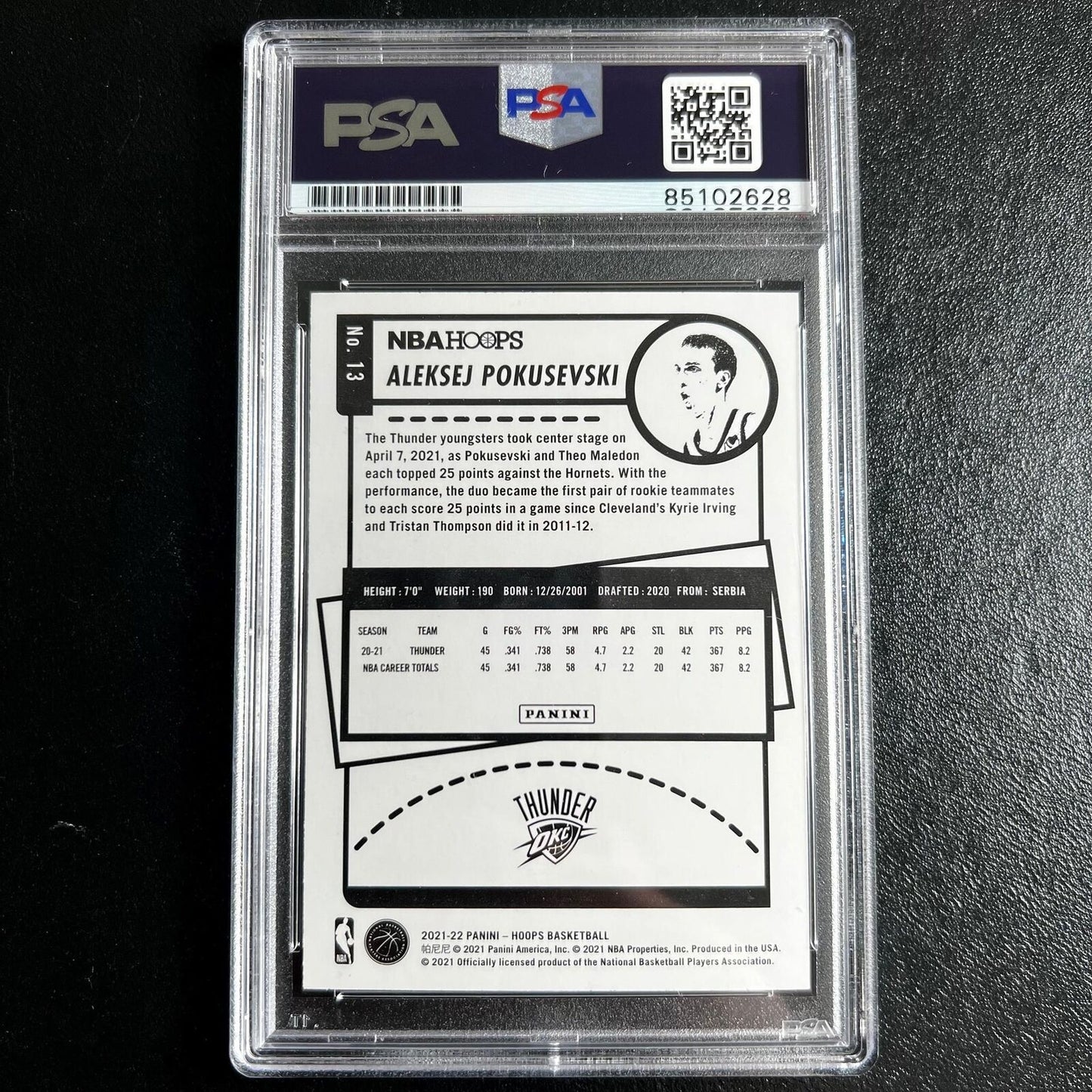 2021-22 Panini Hoops #13 Aleksej Pokusevski Signed Card AUTO PSA Slabbed Thunder