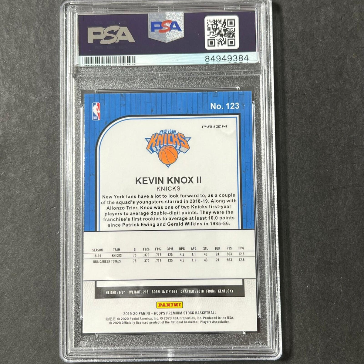 2019-20 Panini Hoops Premium Stock #123 Kevin Knox Signed Card Colored Pattern A