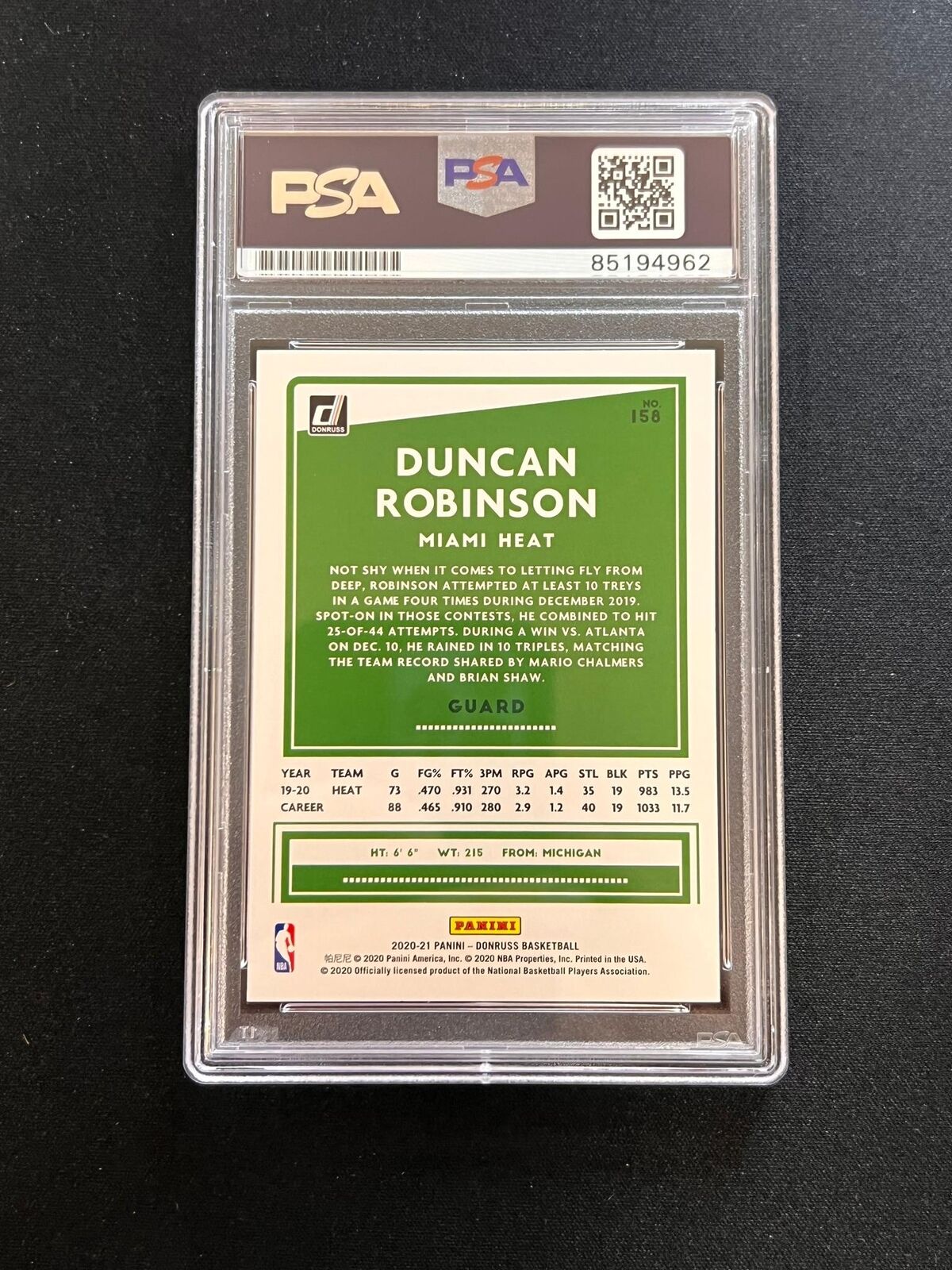 2020-21 Panini Donruss #158 Duncan Robinson Signed Card AUTO PSA Slabbed Heat