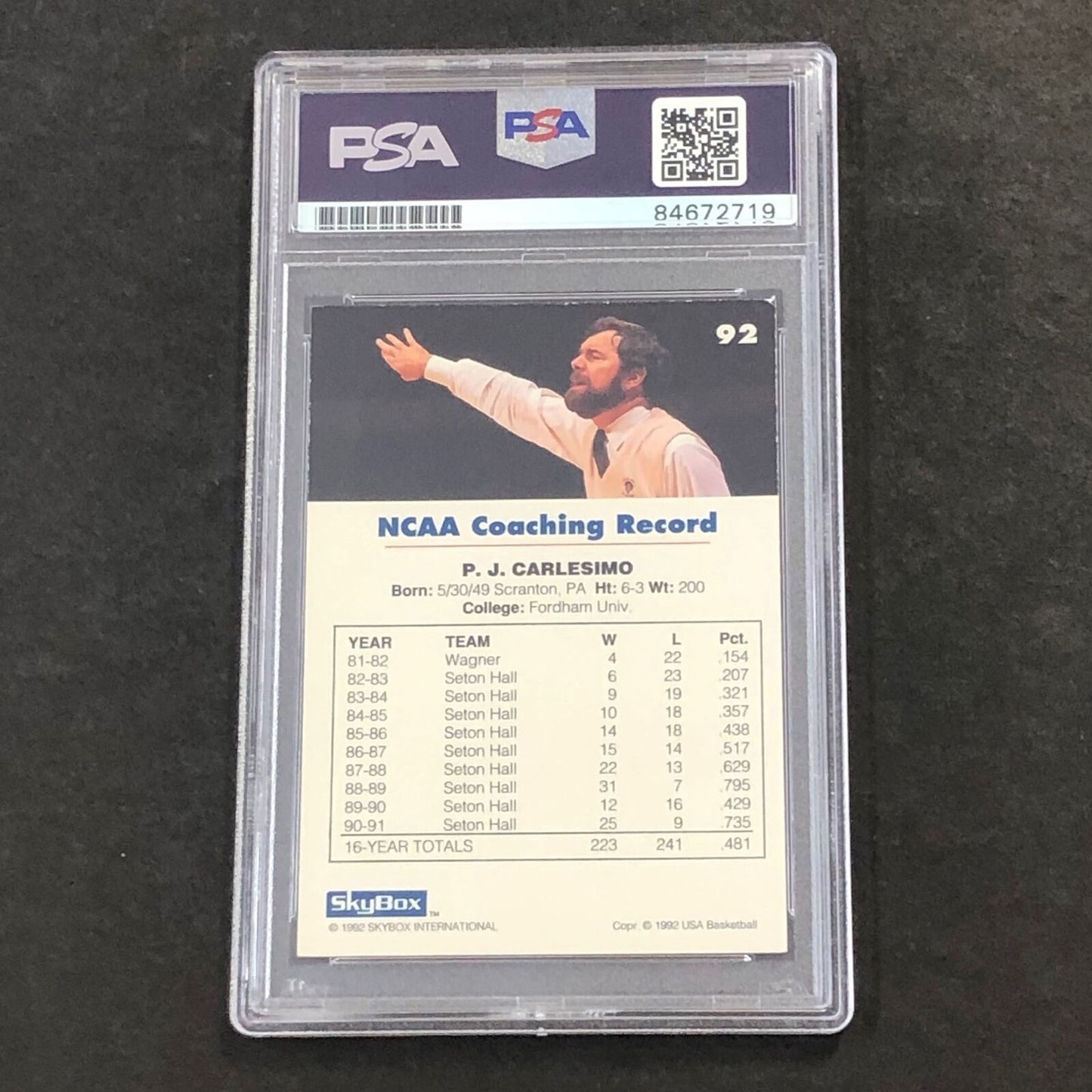 1992 Skybox #92 PJ Carlesimo Signed Card AUTO GRADE 10 PSA Slabbed Team USA
