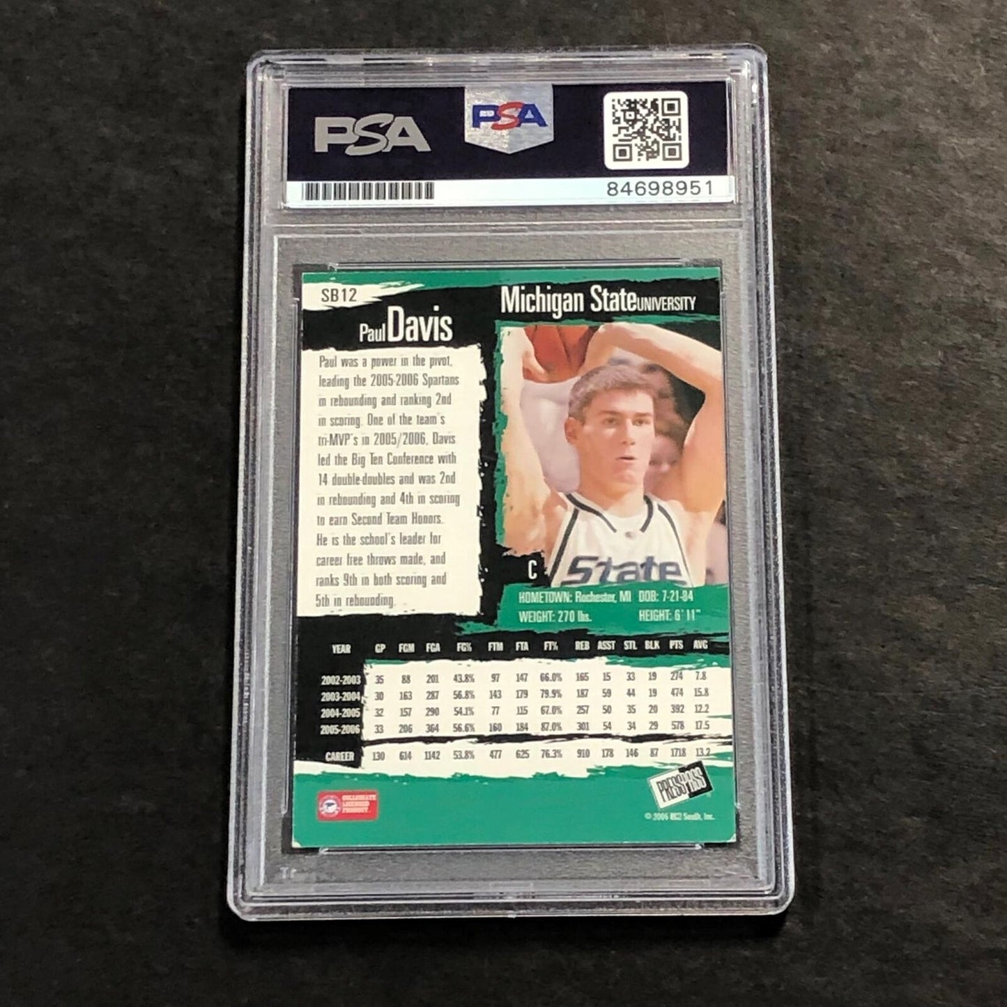 2006-07 PressPass #SB12 Paul Davis Signed Card PSA Slabbed Spartans