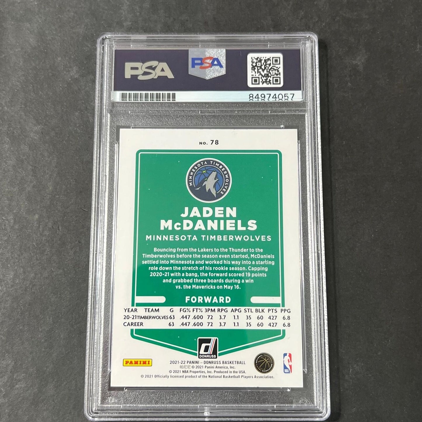 2021-22 Panini Donruss #78 Jaden McDaniels Signed Card AUTO PSA/DNA Slabbed Timb