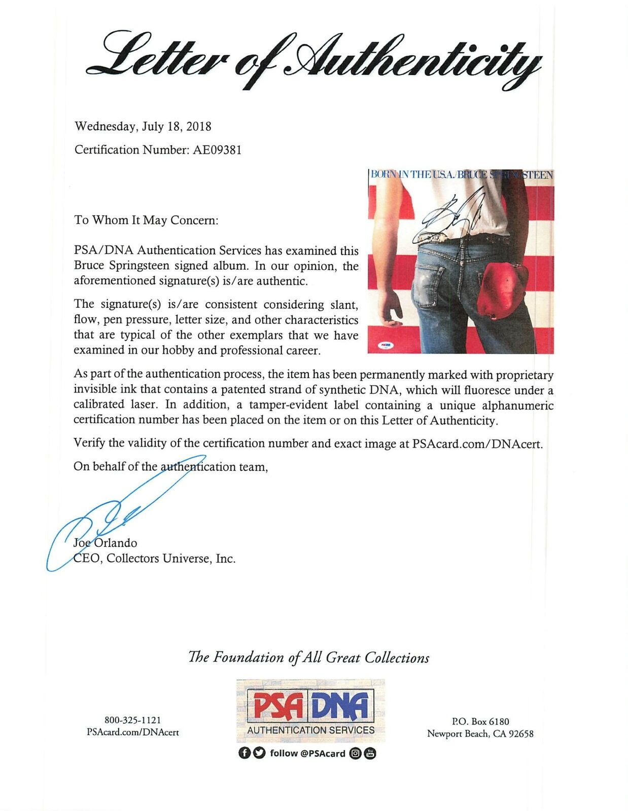 Bruce Springsteen signed Born in the USA LP Vinyl PSA/DNA Album autographed