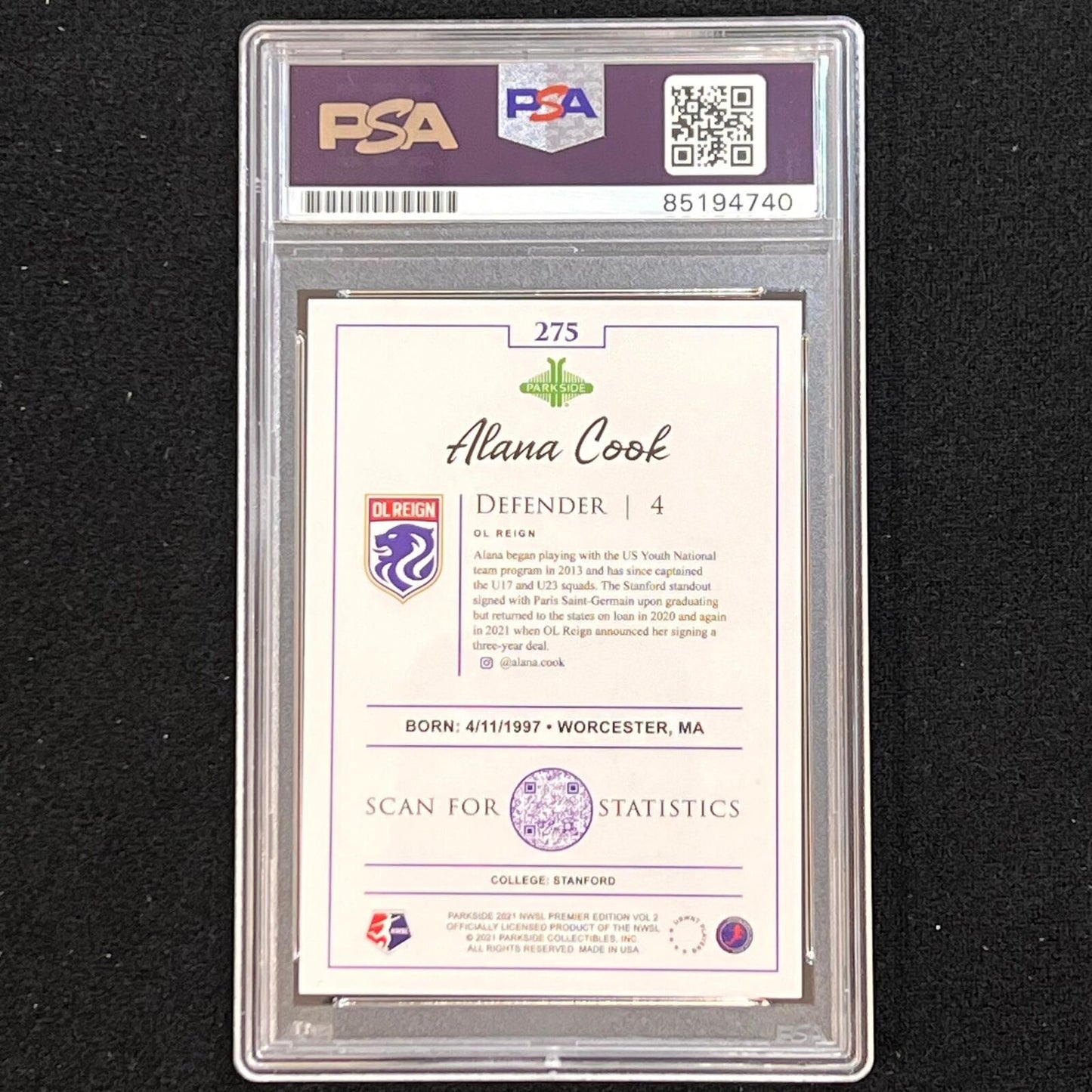 2021 Parkside Legend #275 Alana Cook Signed Card AUTO 10 PSA Slabbed OL Reign