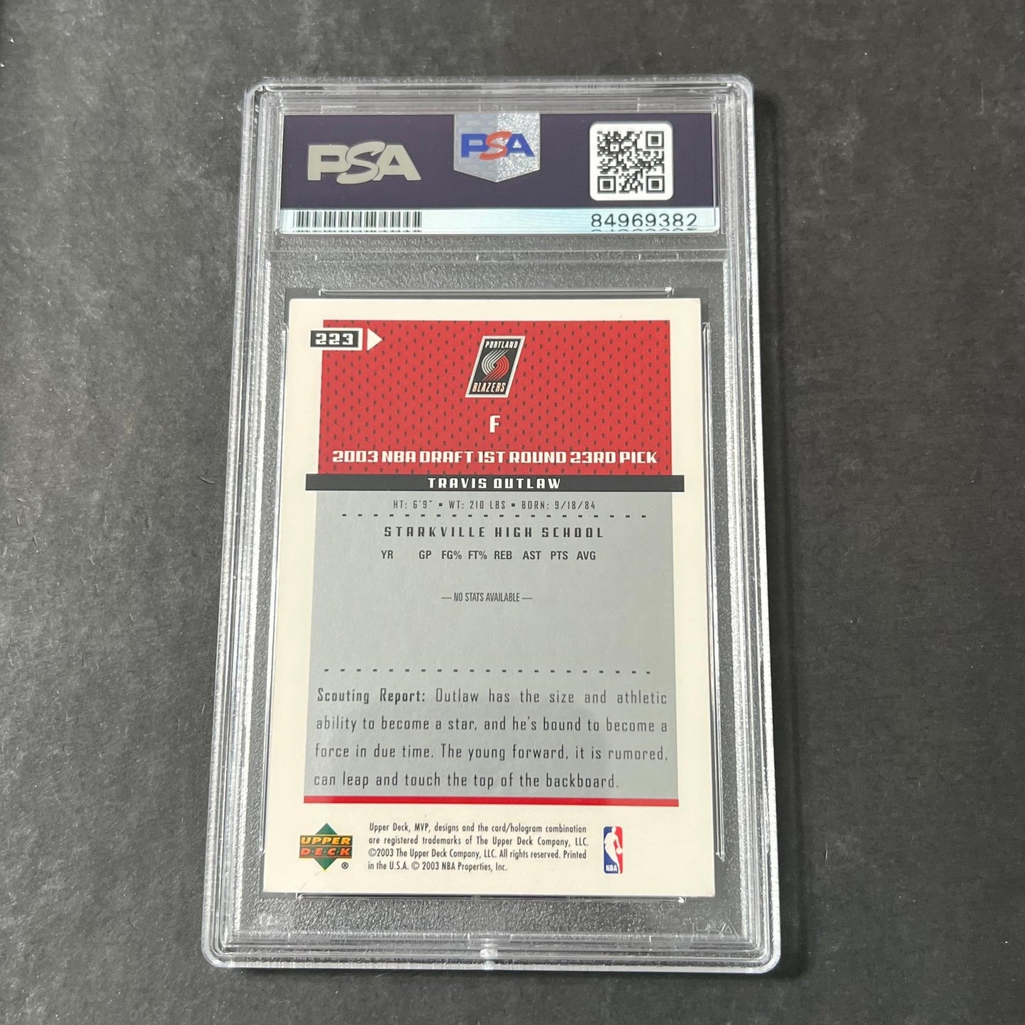 2003-04 Upper Deck MVP #223 Travis Outlaw Signed Card AUTO PSA Slabbed Portland