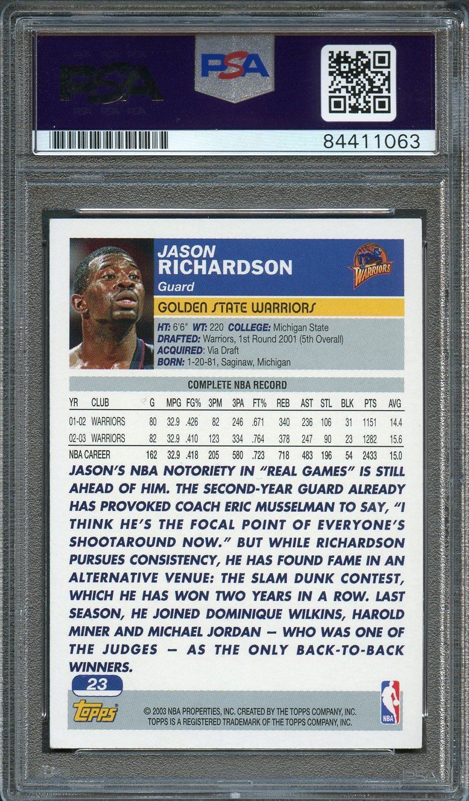 2003-04 Topps Basketball #23 Jason Richardson Signed Card AUTO 10 PSA Slabbed Wa