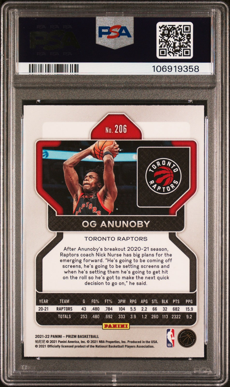 2021 Panini Prizm #206 Og Anunoby signed card PSA 9 Auto A Raptors
