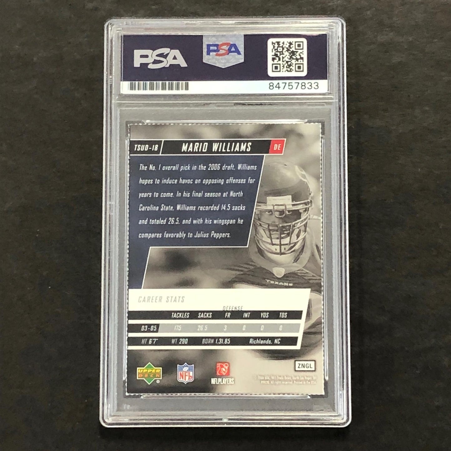 2006 Tuff Stuff Upper Deck #TSUD-18 Mario Williams Signed Card PSA Slabbed AUTO