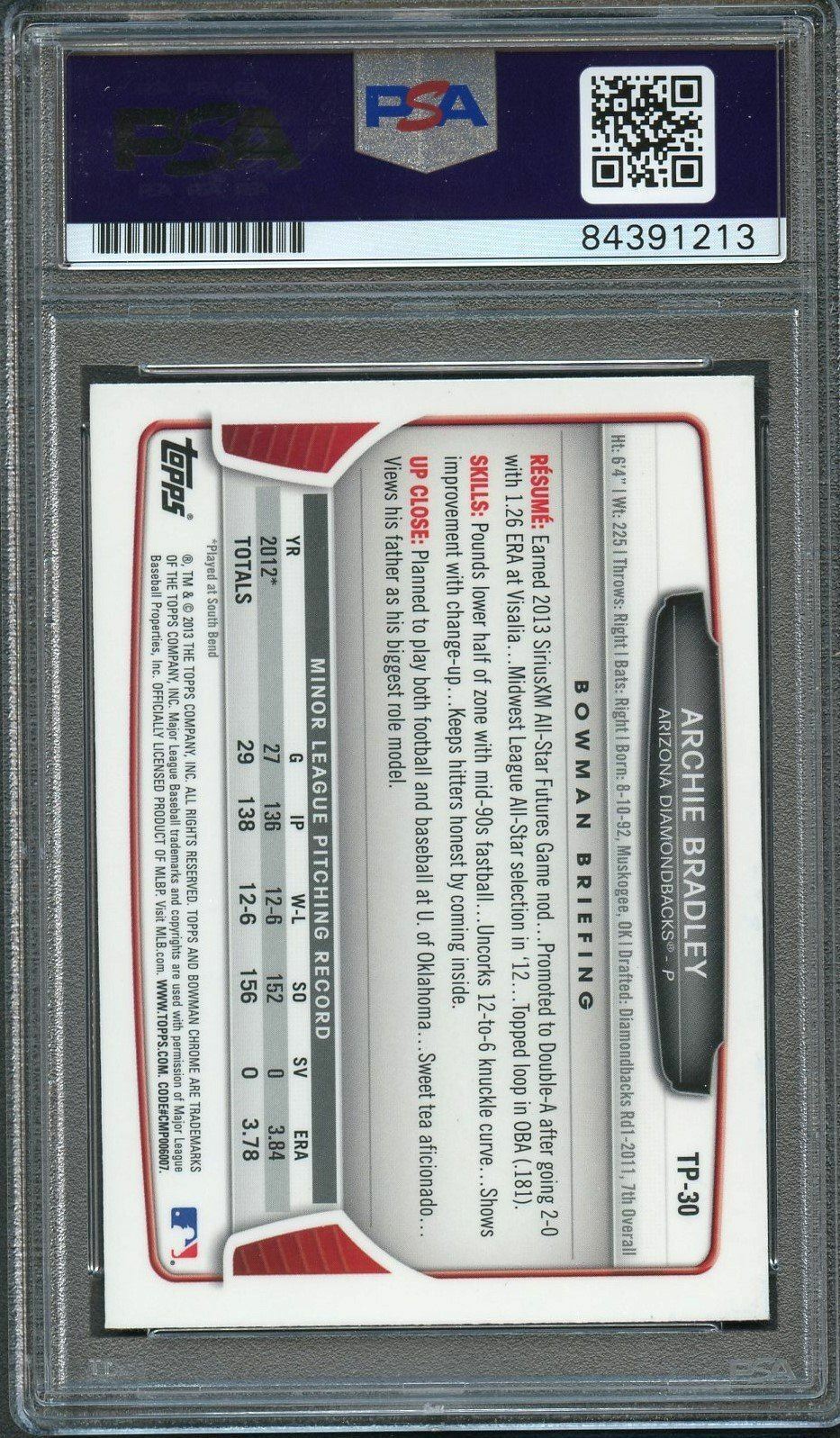 2013 Bowman Draft Chrome #TP30 Archie Bradley Signed Card PSA Slabbed Auto Rooki