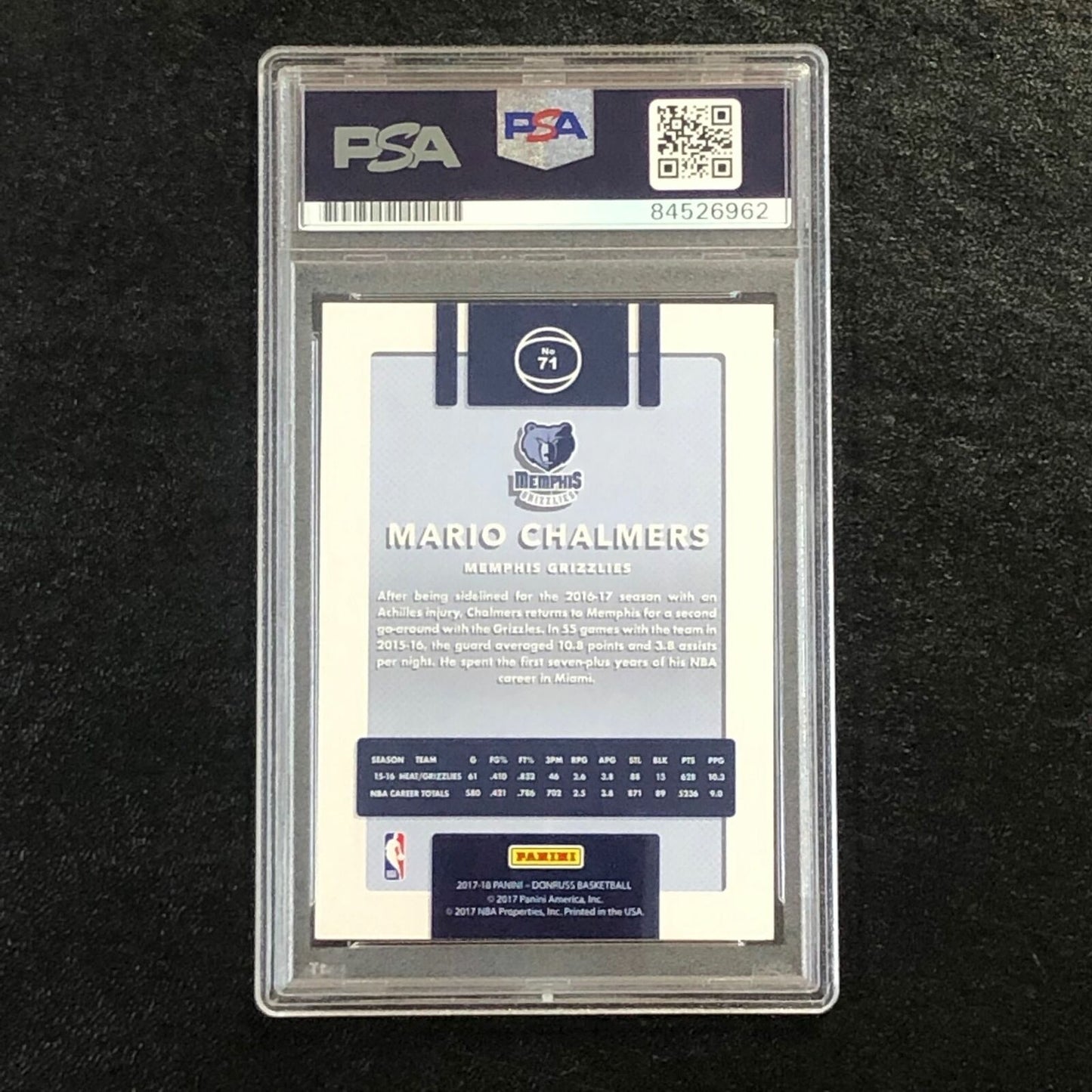2017 Donruss #71 Mario Chalmers Signed Card AUTO PSA Slabbed Grizzlies