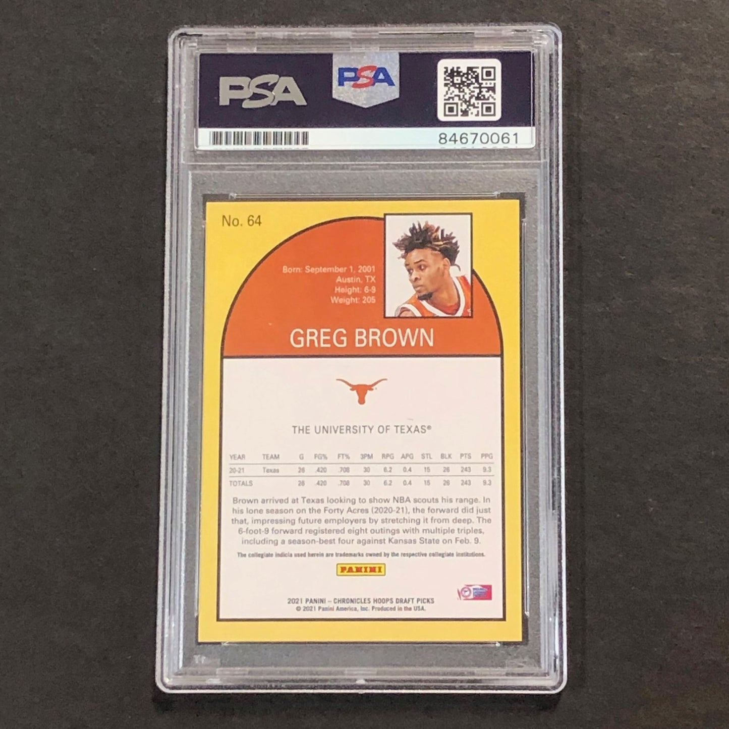 2021 Chronicles NBA Hoops #64 Greg Brown Signed AUTO PSA Slabbed Texas