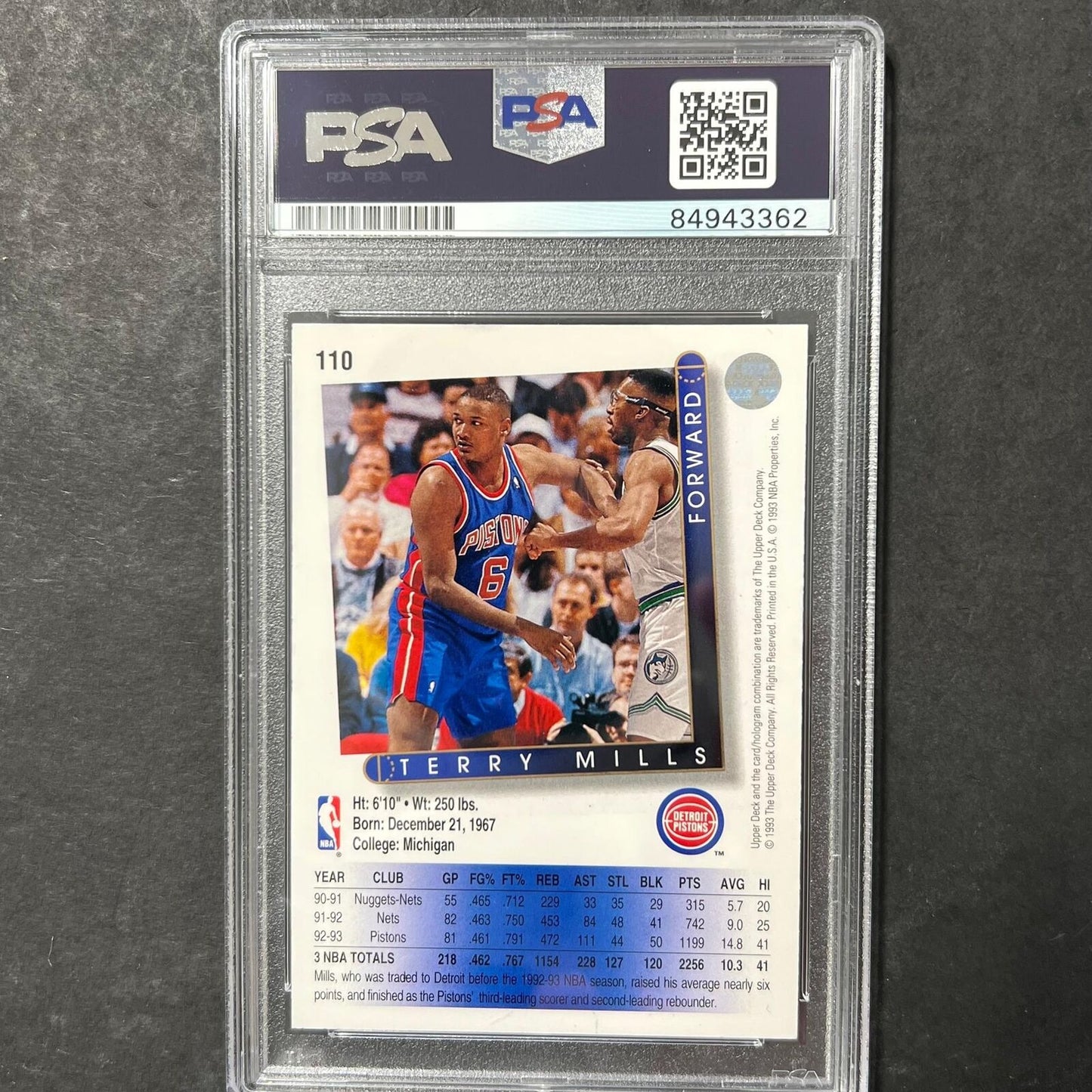 1993 Upper Deck #110 Terry Mills Signed Card AUTO PSA Slabbed Pistons
