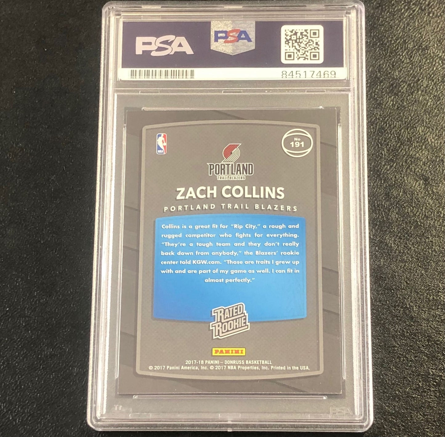 2017-18 Donruss Rated Rookie #191 ZACH COLLINS Signed Card AUT0 PSA Slabbed RC B