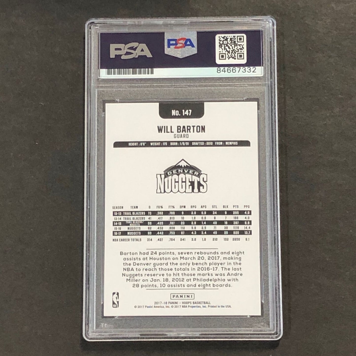 2017-18 NBA Hoops #147 Will Barton signed Auto GRADE 10 Card PSA/DNA Slabbed