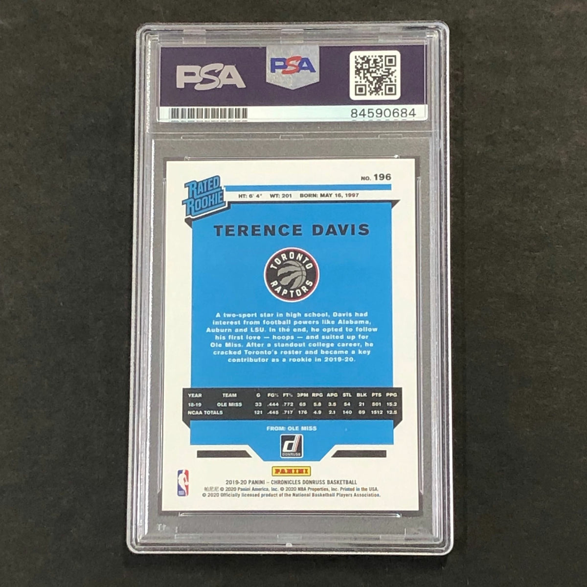 2019-2020 Panini Chronicles Rated Rookie #196 Terrence Davis Signed Card AUTO PS