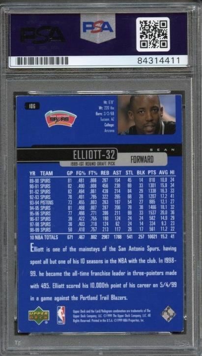 1999-00 Upper Deck #106 Sean Elliott Signed Card AUTO PSA Slabbed