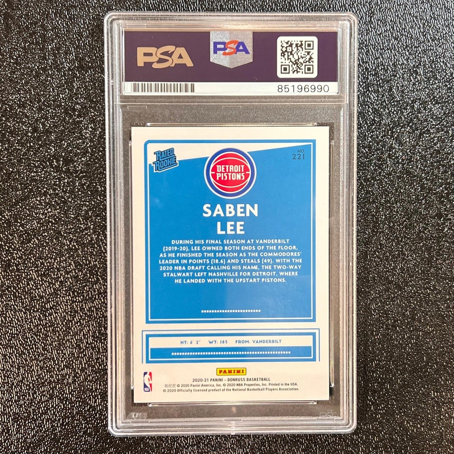 2020-21 Donruss Rated Rookie #221 Saben Lee Signed Card AUTO PSA Slabbed Pistons