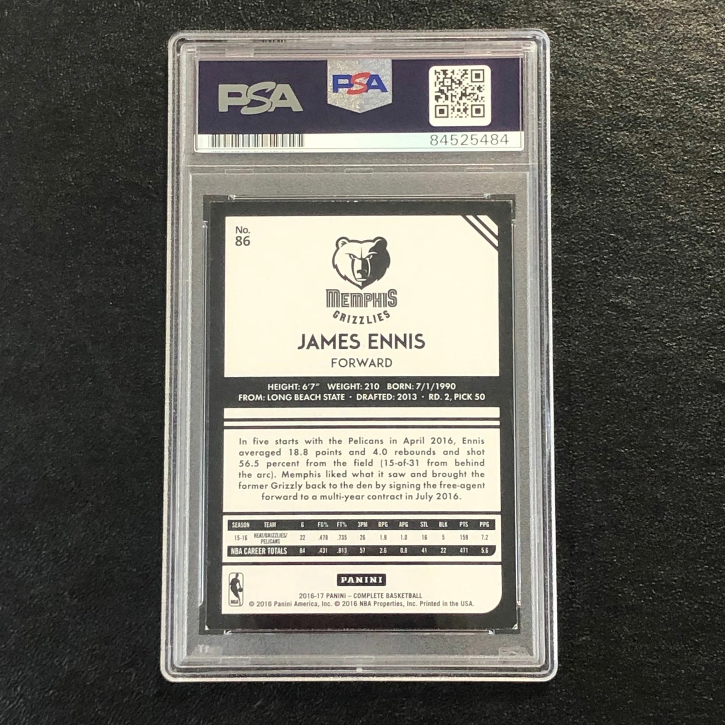 2016-17 Panini Complete #86 JAMES ENNIS Signed Card AUTO 10 PSA Slabbed Grizzlie