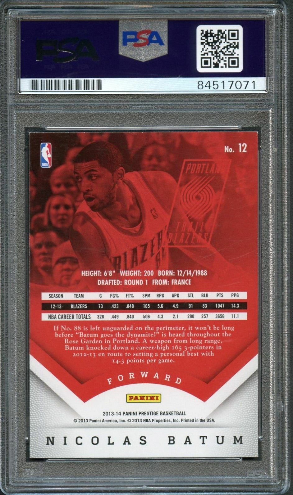 2013-14 Panini Prestige #12 Nicolas Batum Signed Card AUTO 10 PSA Slabbed Blazer