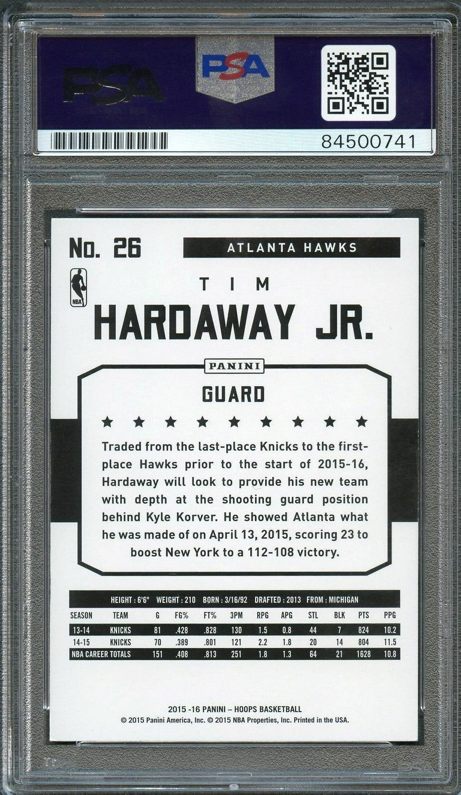 2015-16 NBA Hoops #26 Tim Hardaway Jr. Signed Card AUTO 10 PSA Slabbed Hawks