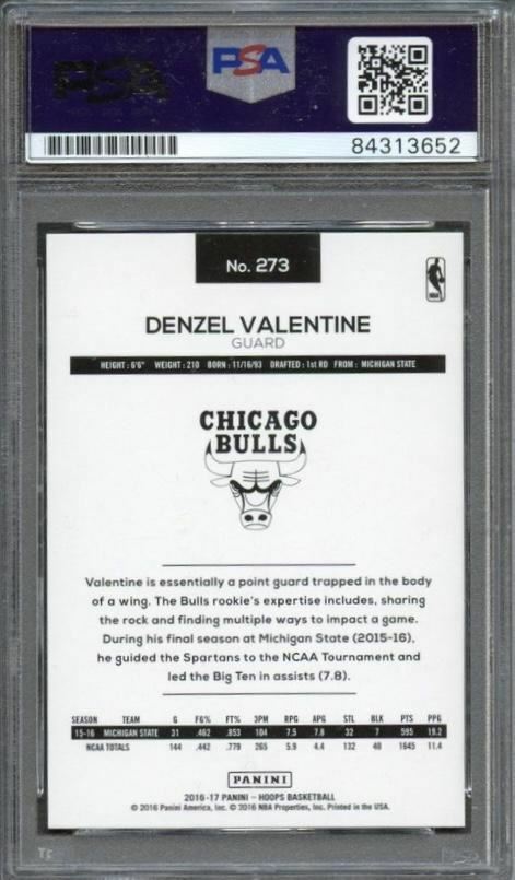 2016-17 NBA Hoops #273 Denzel Valentine RC Signed Card AUTO Grade 10 PSA Slabbed