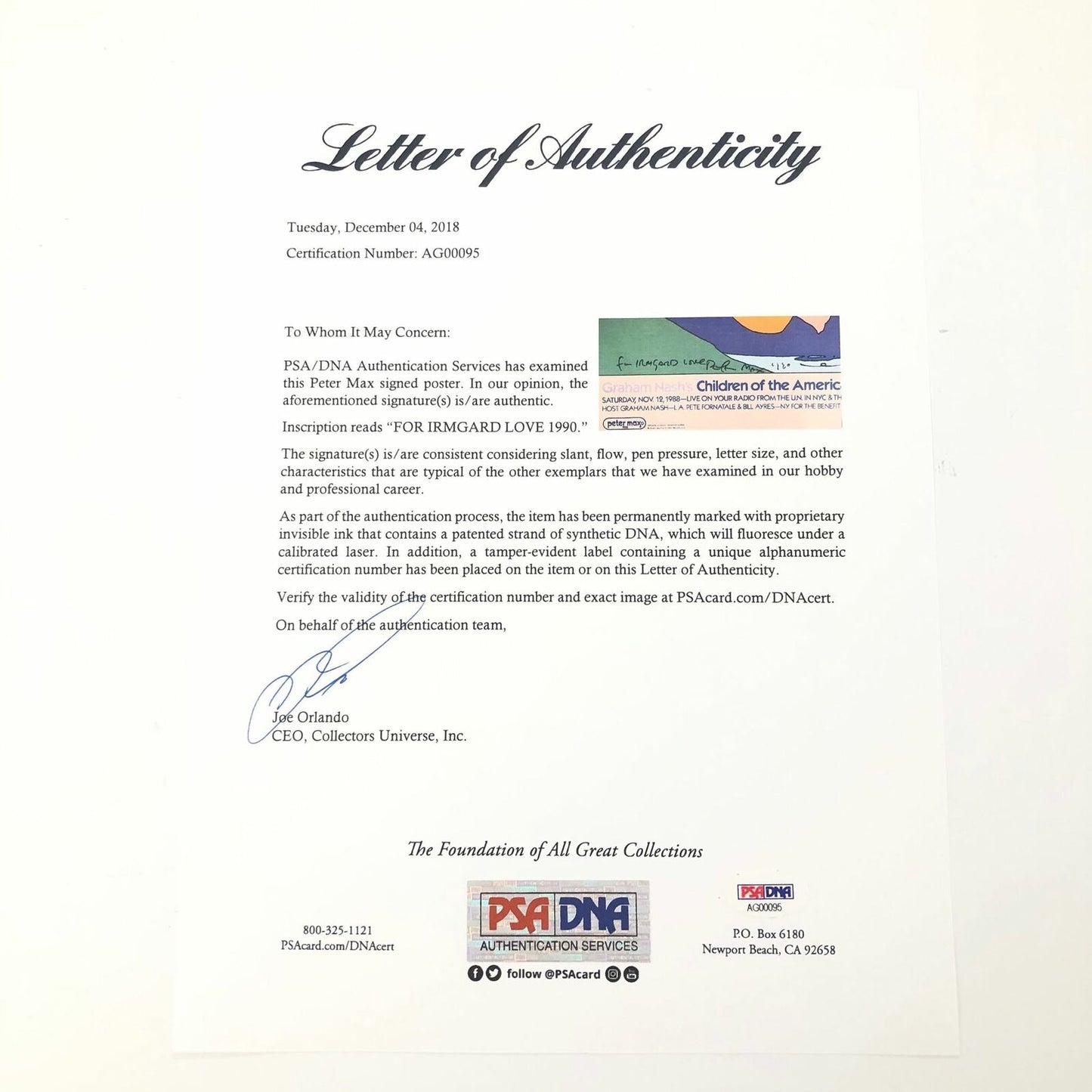 Peter Max signed 24x36 Poster PSA/DNA LOA Autographed