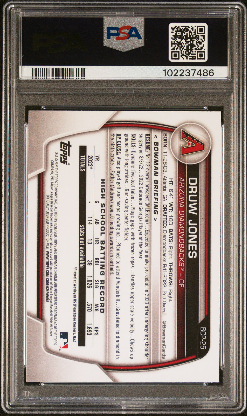 2023 Bowman Chrome Prospects #BCP25 Druw Jones PSA A Auto 10