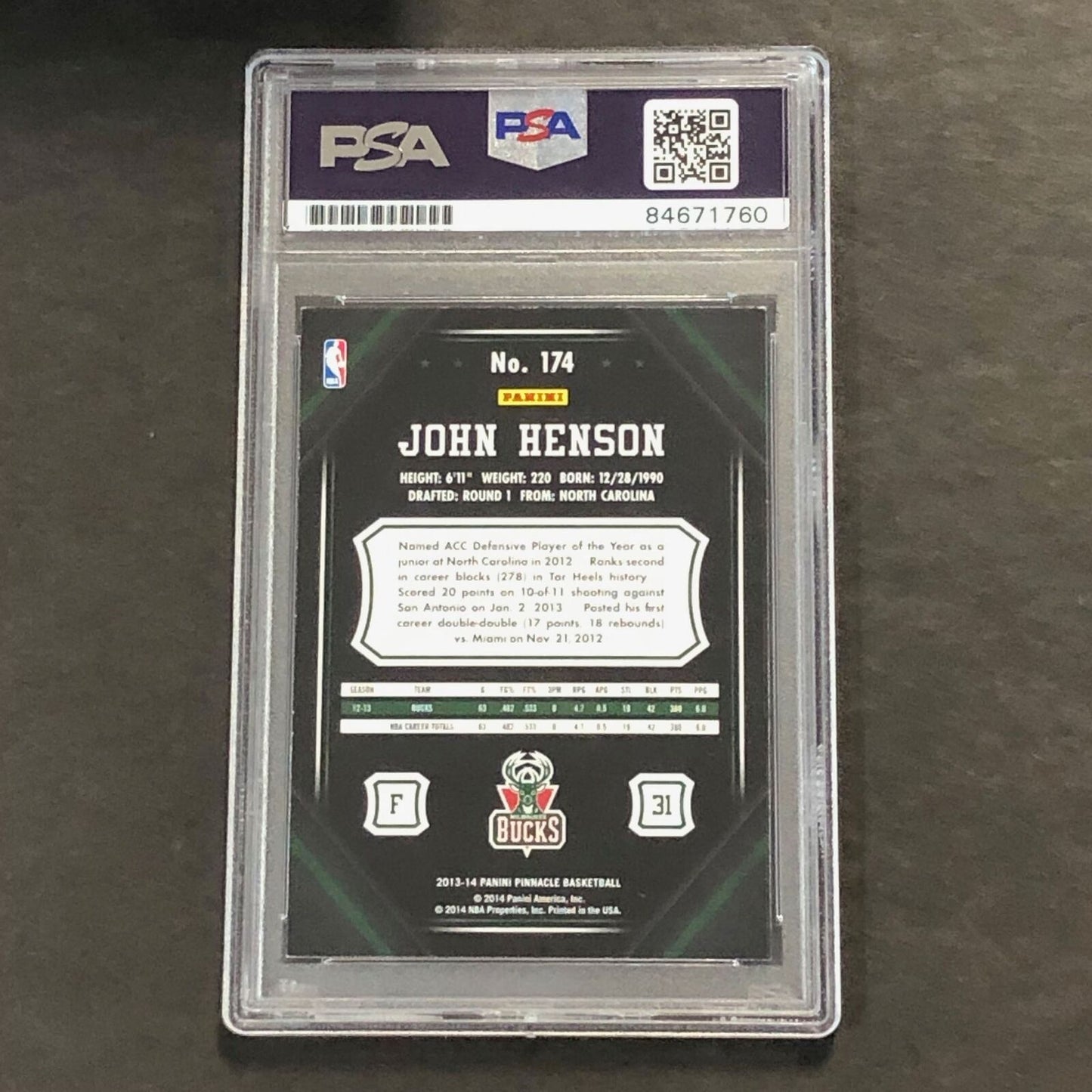 2013-14 Panini Pinnacle #174 John Henson Signed Card AUTO GRADE 10 PSA Slabbed B