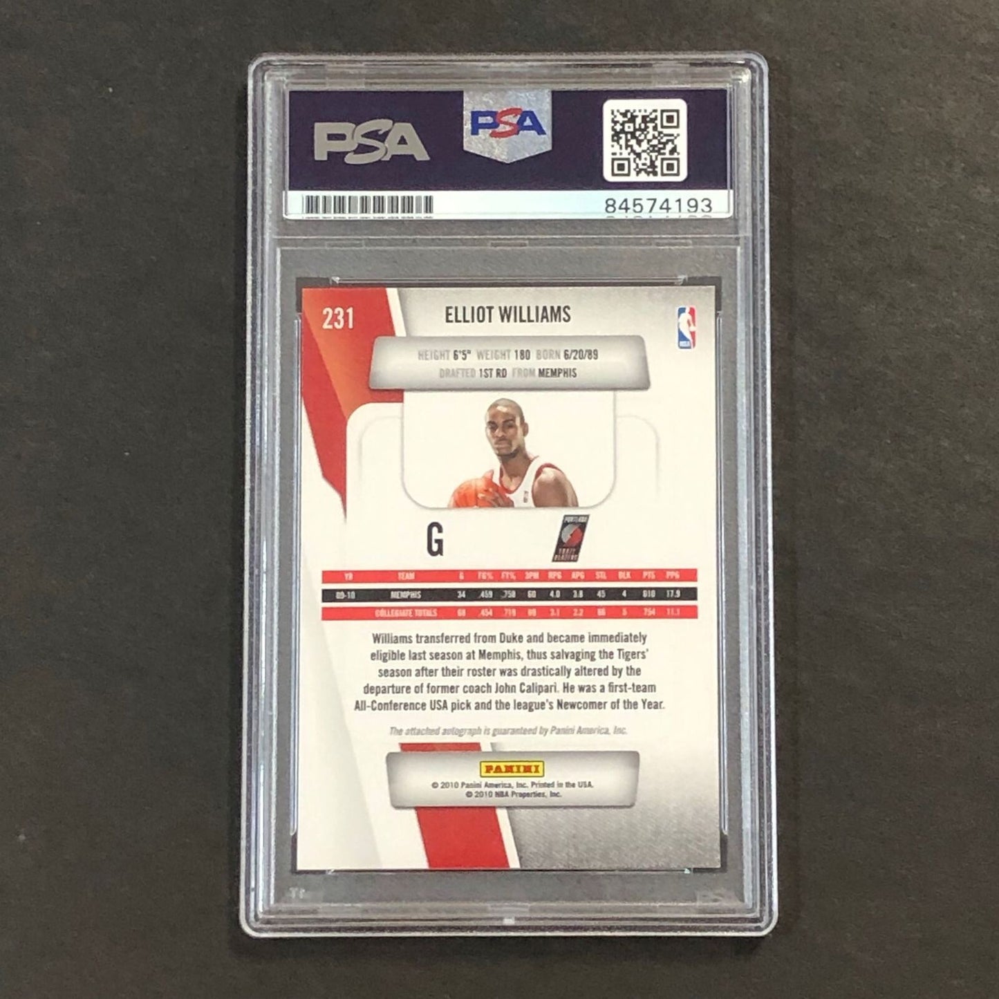 2010-11 Panini Prestige #231 Elliot Williams Signed Card AUTO PSA Slabbed Blazer