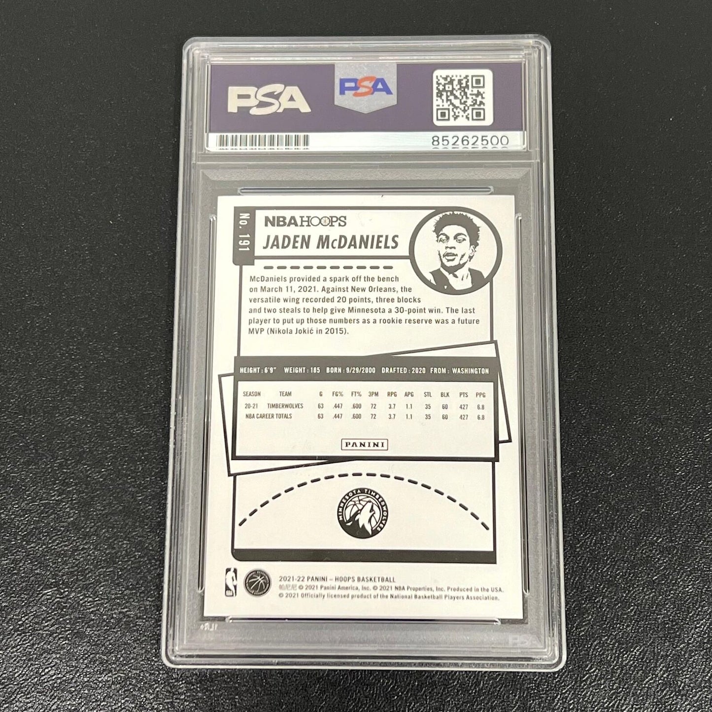 2021-22 Panini NBA Hoops #191 Jaden McDaniels Signed Card AUTO PSA/DNA Slabbed T