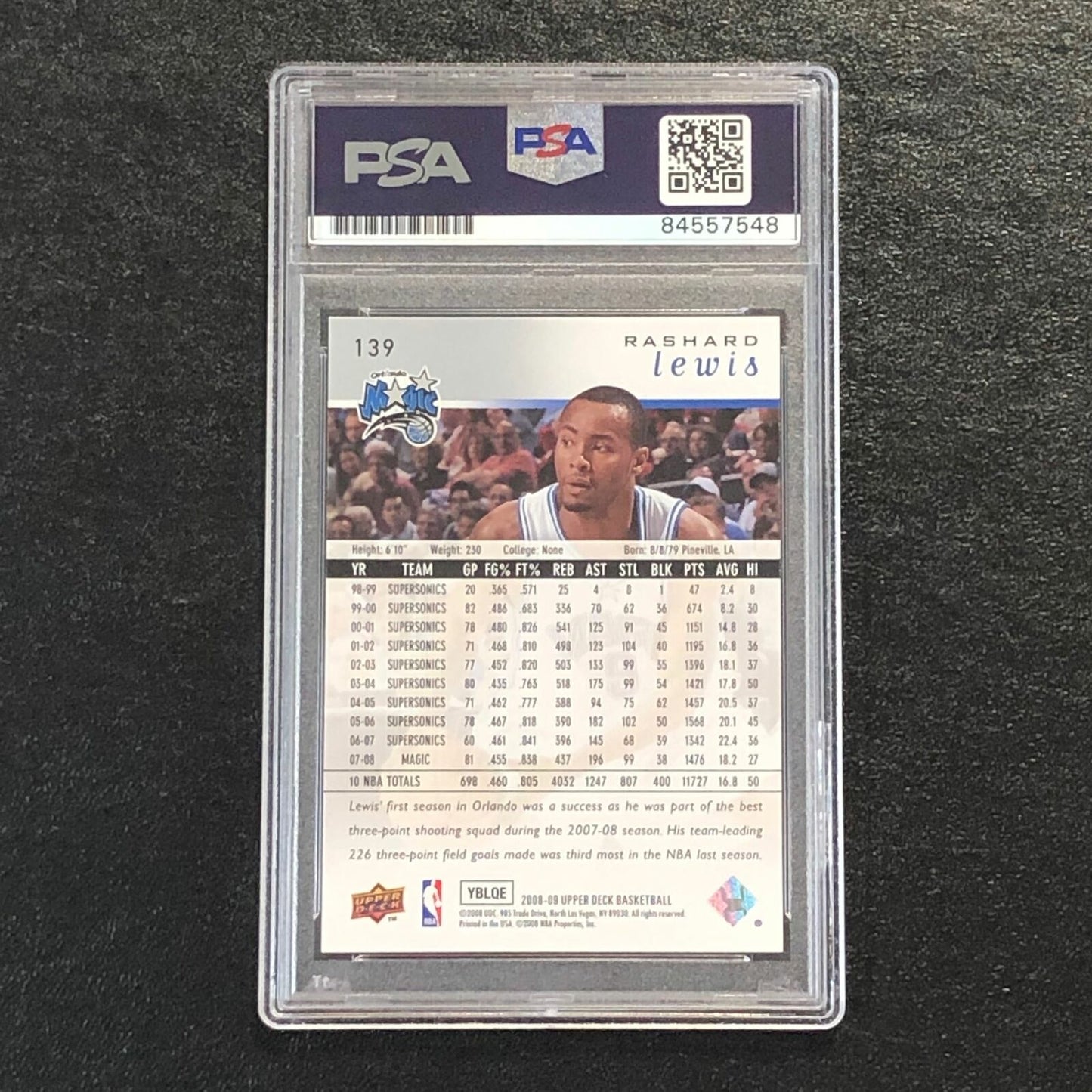 2008-09 Upper Deck #139 Rashard Lewis Signed Card AUTO 10 PSA/DNA Slabbed Magic