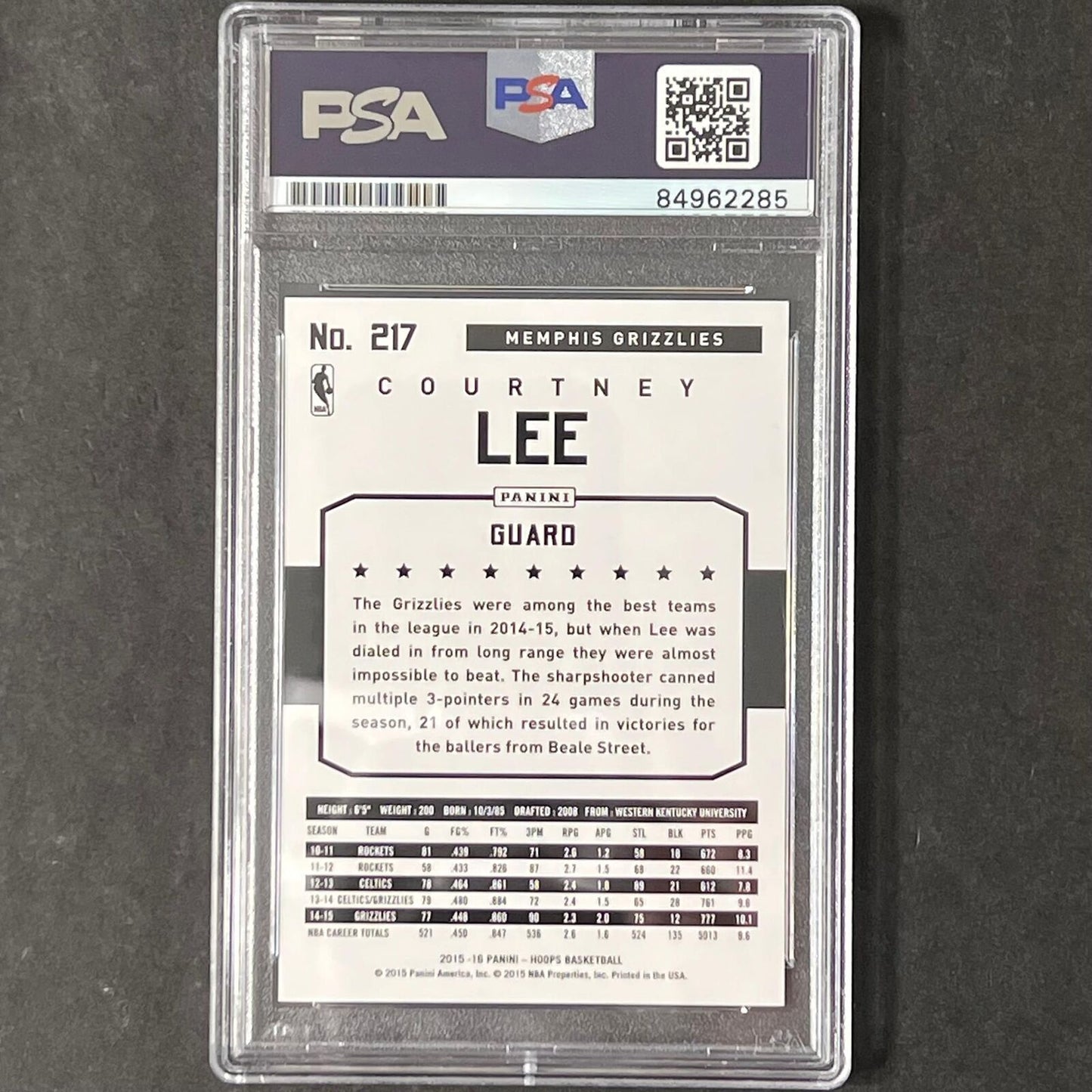 2015-16 Panini Hoops #217 Courtney Lee Signed Card AUTO PSA Slabbed Grizzlies