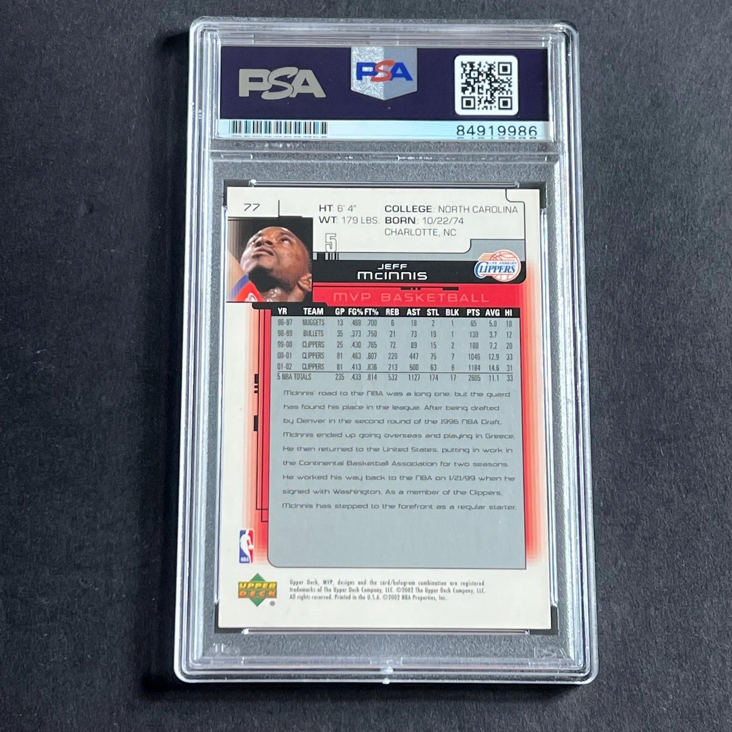 2002-03 Upper Deck MVP #77 Jeff McInnis Signed Card AUTO PSA Slabbed Clippers