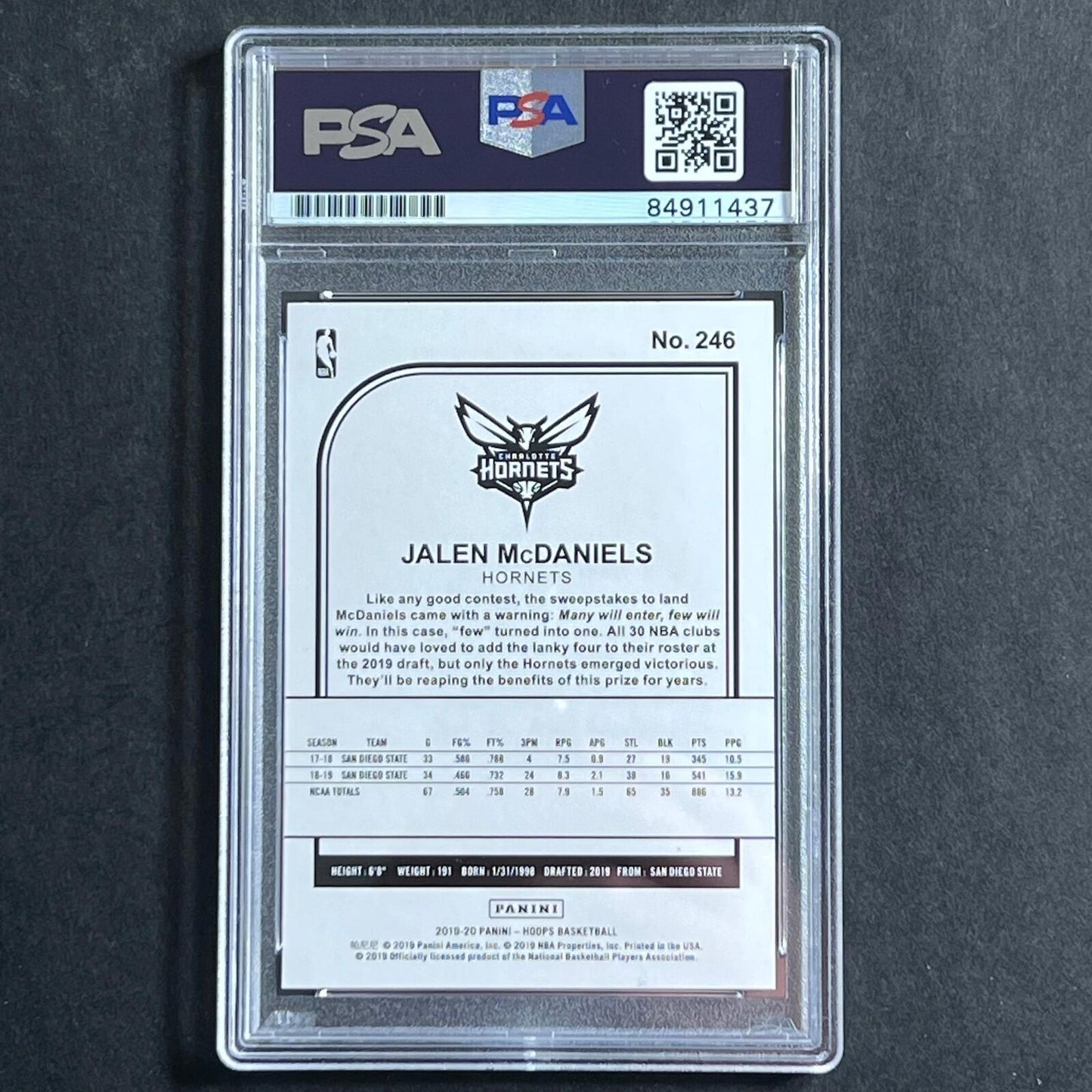 2019-20 Panini Hoops #246 Jalen McDaniels Signed Card AUTO 10 PSA Slabbed Hornet