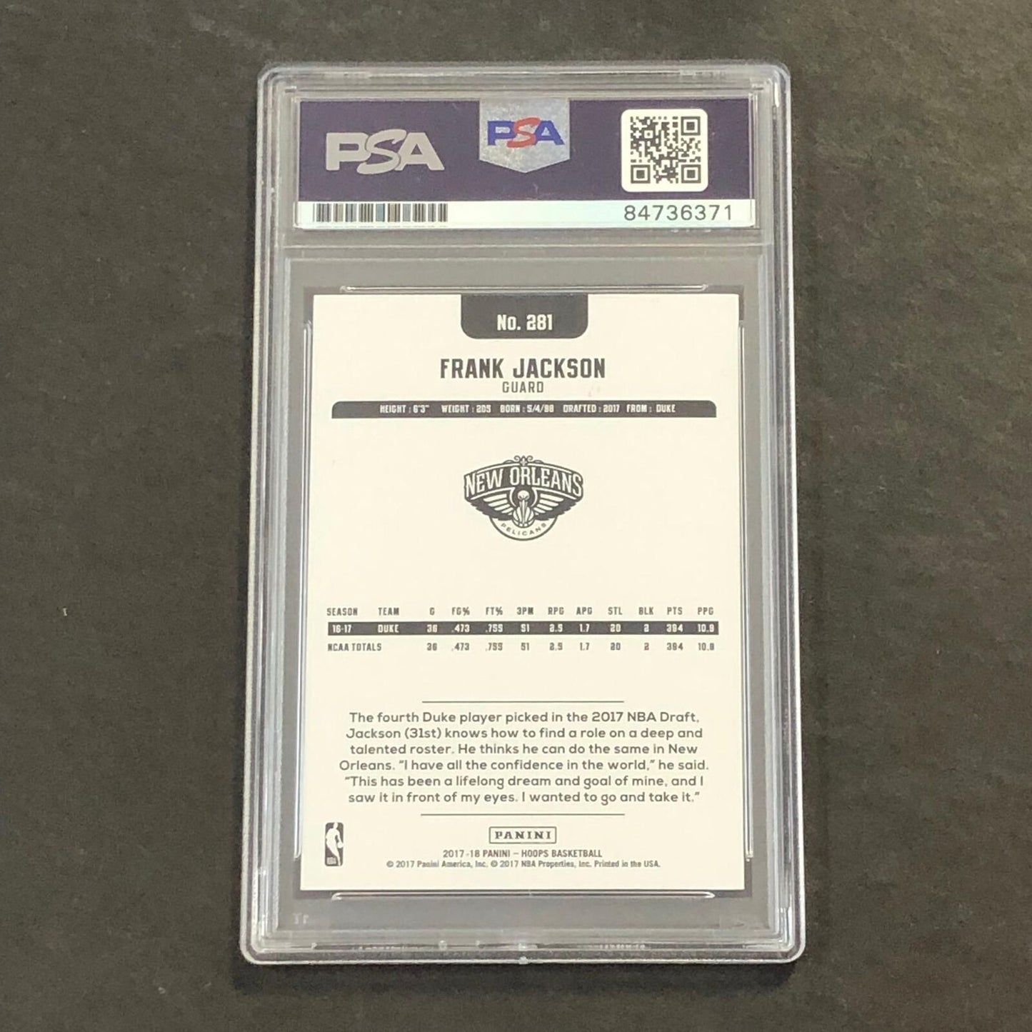 2017-18 NBA Hoops #281 Frank Jackson Signed Card AUTO PSA Slabbed RC Pelicans