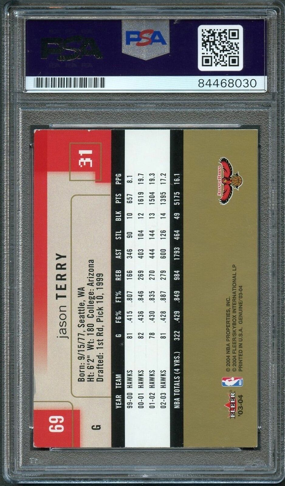 2003-04 Fleer Genuine #69 Jason Terry Signed Card AUTO PSA Slabbed Hawks