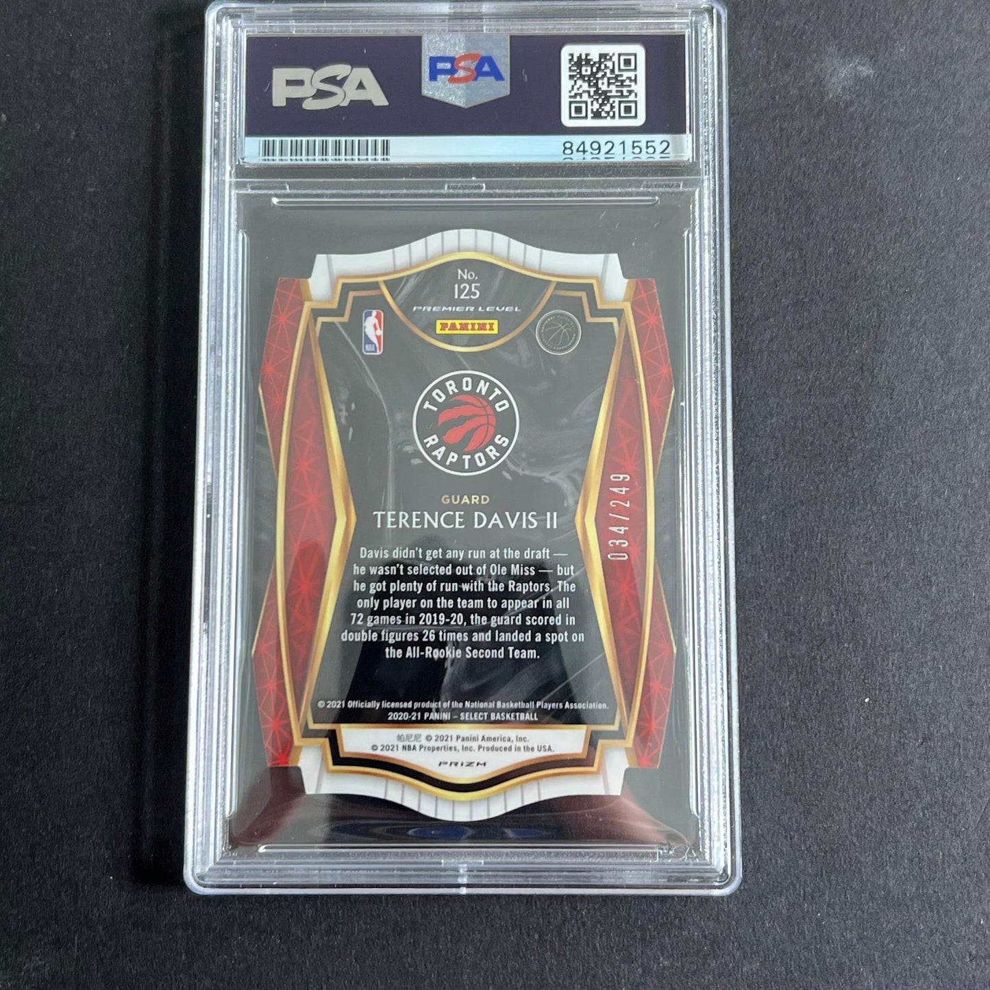 2021 Panini #125 Terrance Davis Signed Card AUTO Grade 10 PSA Slabbed Raptors