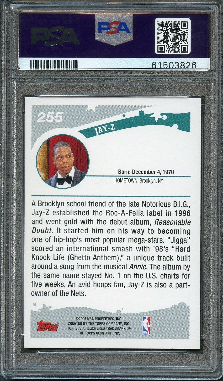 2005 TOPPS #255 Jay-Z Rookie Card PSA Mint 9 Slabbed RC
