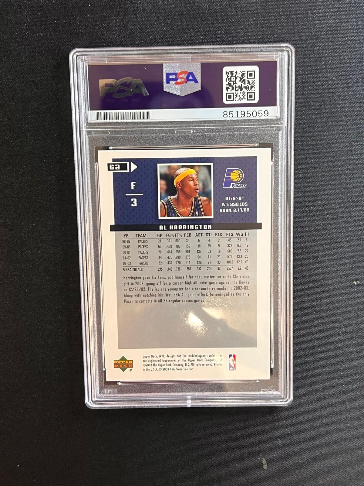 2003-04 Upper Deck MVP #62 Al Harrington Signed Card AUTO PSA Slabbed Pacers