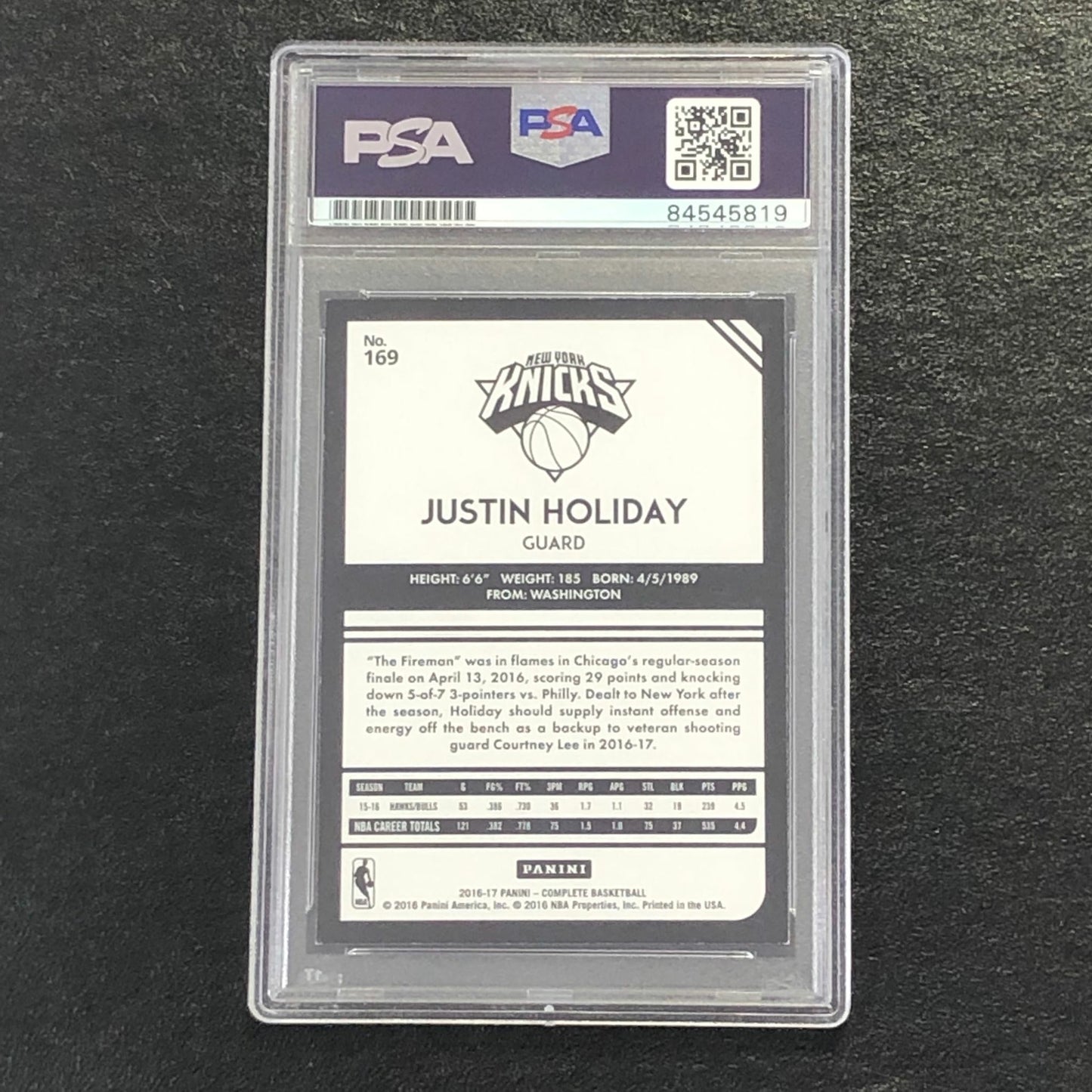 2016-17 Panini Complete #169 JUSTIN HOLIDAY Signed Card AUTO 10 PSA Slabbed Knic