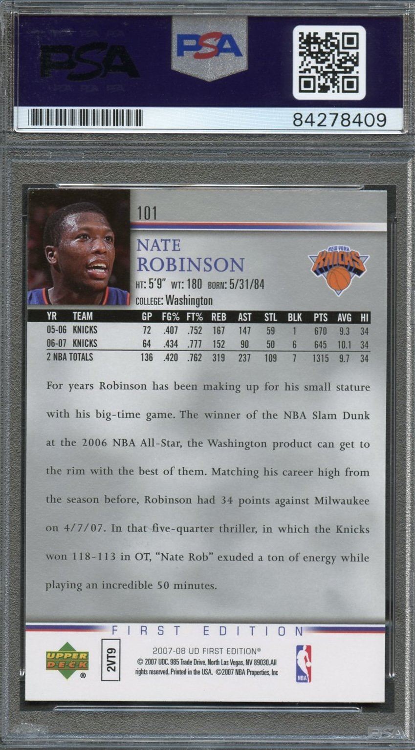 2007-08 Upper Deck First Edition #101 Nate Robinson Signed Card AUTO PSA Slabbed