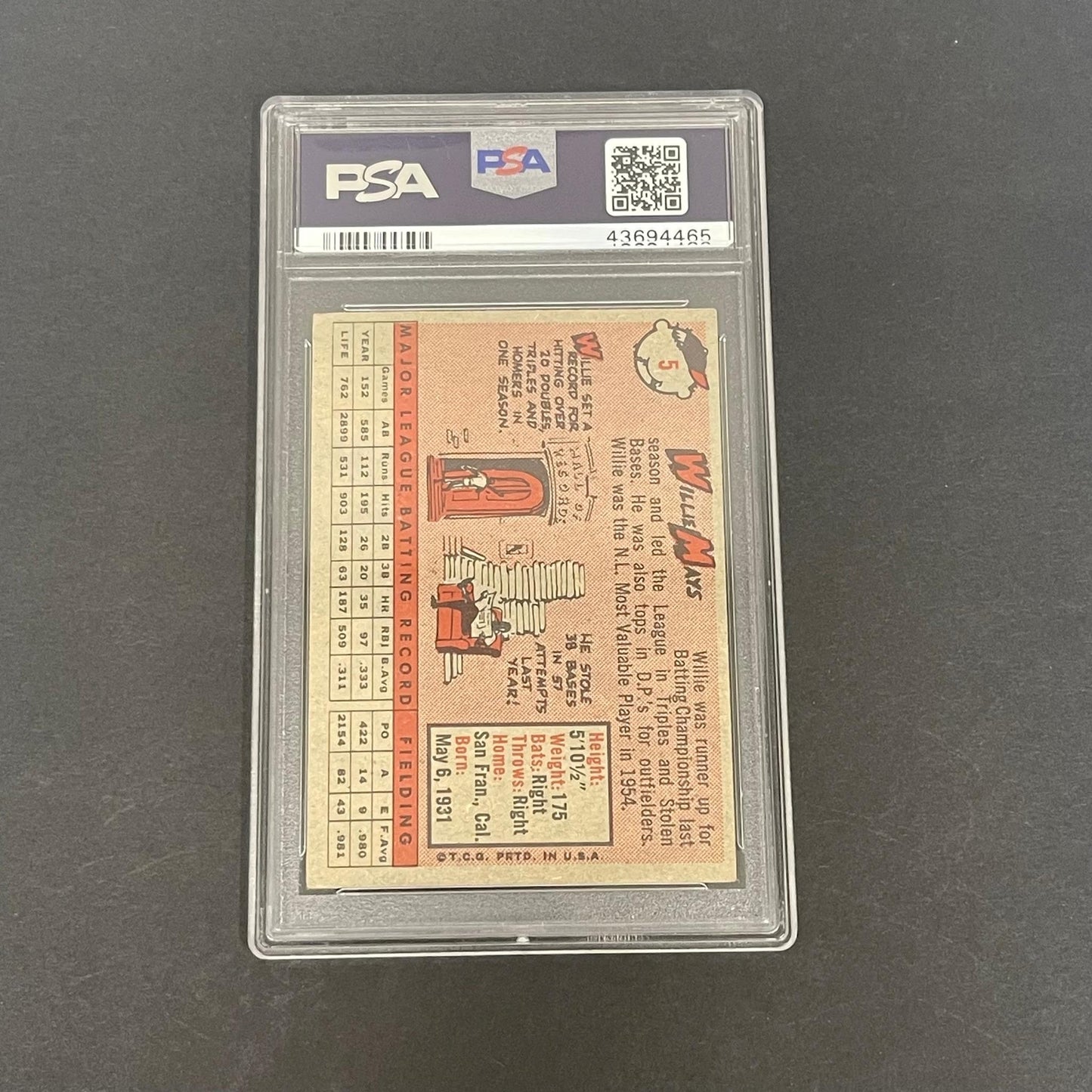 1958 Topps #5 Willie Mays Card PSA/DNA VG 3 Slabbed Giants