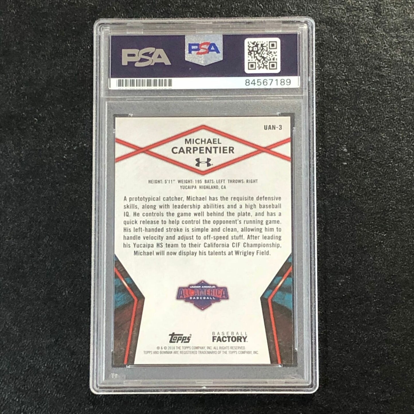 2018 BOWMAN Under Armour #UAN-3 Michael Carpentier Signed Card PSA Slabbed Auto