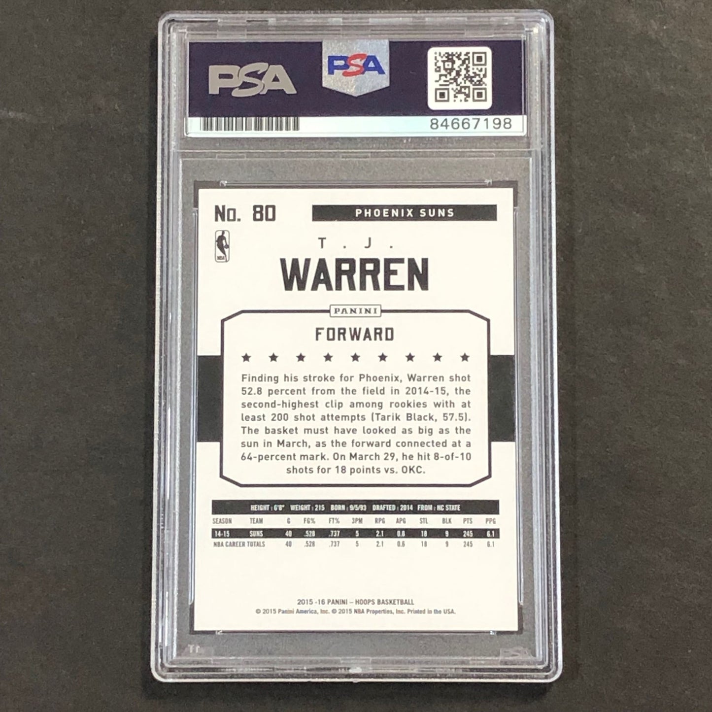 2015-16 NBA HOOPS #80 TJ WARREN Signed Card AUTO PSA Slabbed Suns