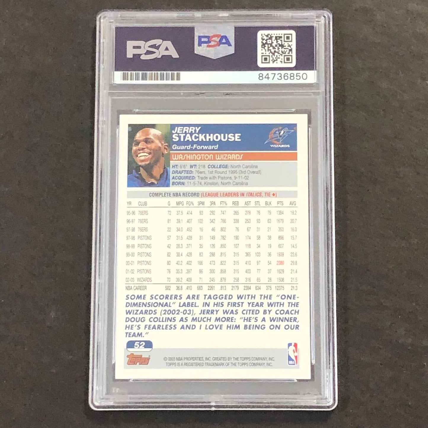 2003 Topps Jerry Stackhouse #52 Signed Card AUTO PSA Slabbed