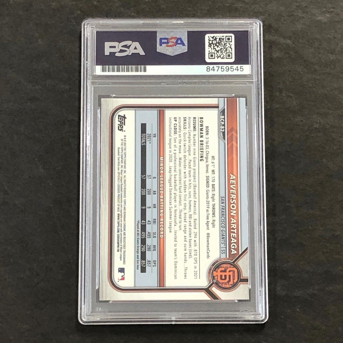 2022 1st Bowman Chrome #BCP-82 Aeverson Arteaga Signed Card PSA Slabbed Auto Gia